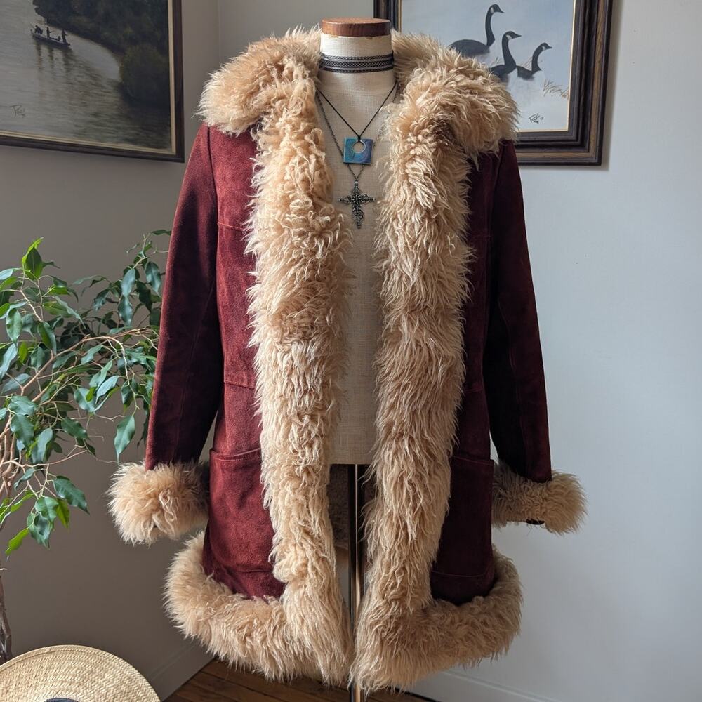 Vintage Red Suede Jacket Leather Penny Lane Coat Fur Trim 70s Trench Coat Small